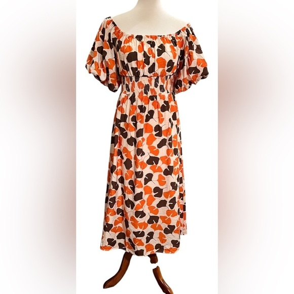 NWT PUFF SLEEVE OFF THE SHOULDER MIDI DRESS IN ORANGE BROWN - Medium - Picture 1 of 7